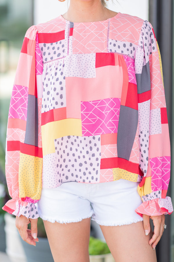 Do Your Best Pink Abstract Patchwork Blouse