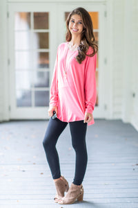 long sleeve, monogram, hot pink, conservative, solid, casual