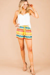 printed shorts, shorts, yellow, tied tassel trim, elastic waistband