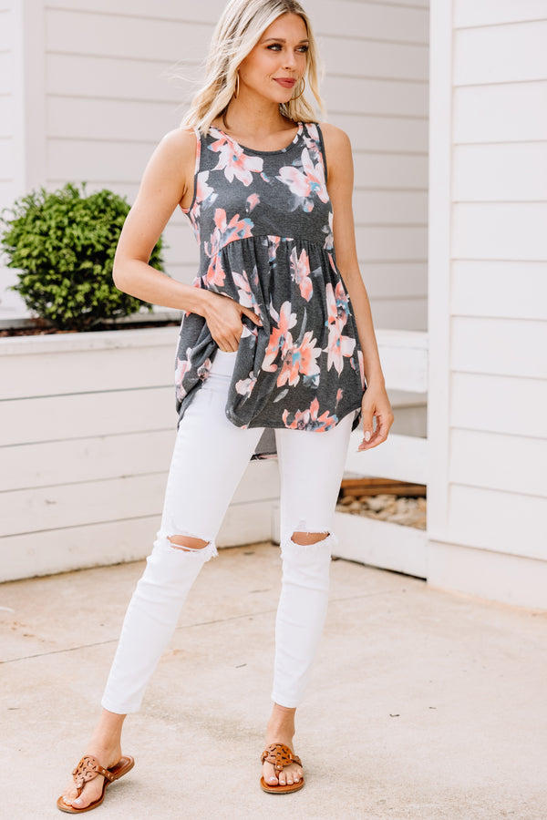 What A Lovely Life Charcoal Gray Floral Tank