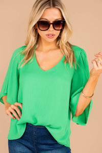 flutter sleeves, v-neckline, green, green top, light