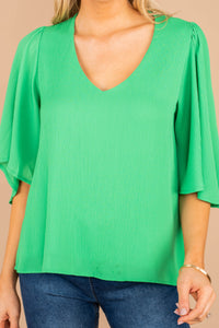 flutter sleeves, v-neckline, green, green top, light