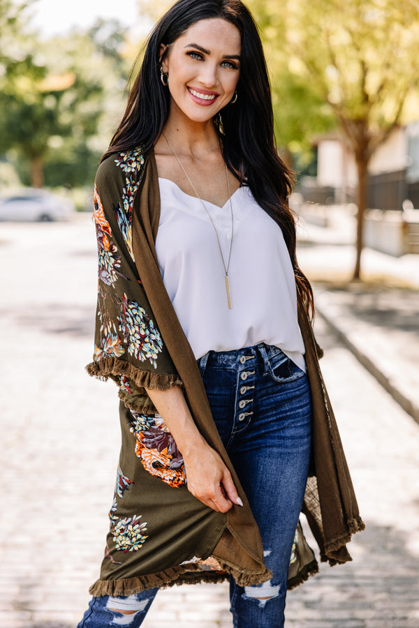 What A Beautiful Day Olive Green Floral Kimono