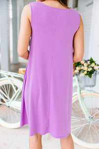 purple shift dress, dress, high rounded neckline, thick tank straps, pockets, loose knee length hem, soft, stretchy, comfy, casual, jersey knit fabric