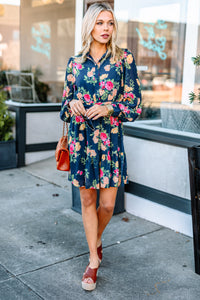 dress, long bubble sleeves, floral print, button down, collared neckline, floral print, blue, flattering silhouette, button down, floral print dress