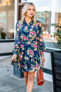 dress, long bubble sleeves, floral print, button down, collared neckline, floral print, blue, flattering silhouette, button down, floral print dress