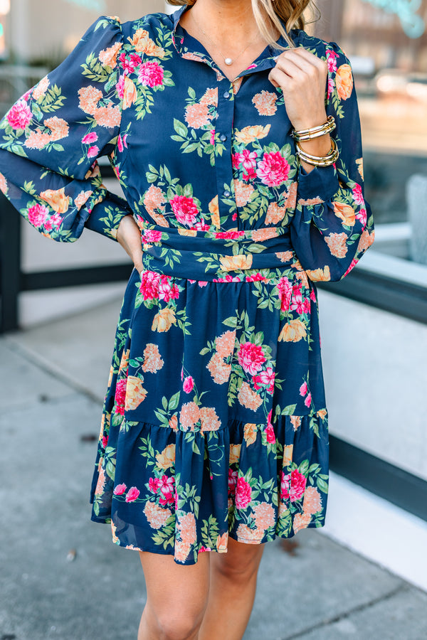 dress, long bubble sleeves, floral print, button down, collared neckline, floral print, blue, flattering silhouette, button down, floral print dress