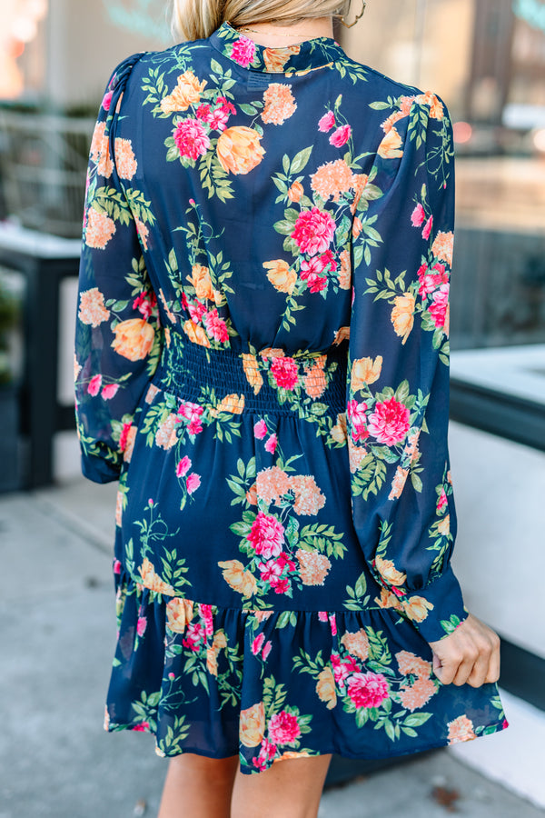 dress, long bubble sleeves, floral print, button down, collared neckline, floral print, blue, flattering silhouette, button down, floral print dress