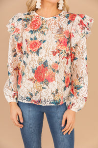 top, round neckline, long sleeves, ruffled detailing, floral print, lace fabric, feminine, light lace fabric, white