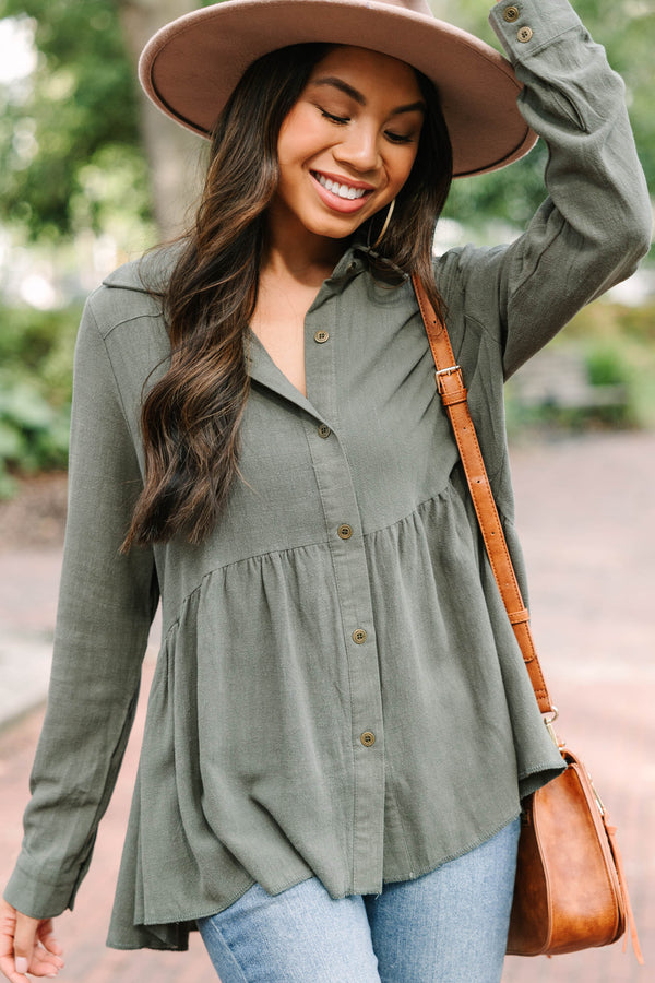 Call On Me Army Green Linen Top