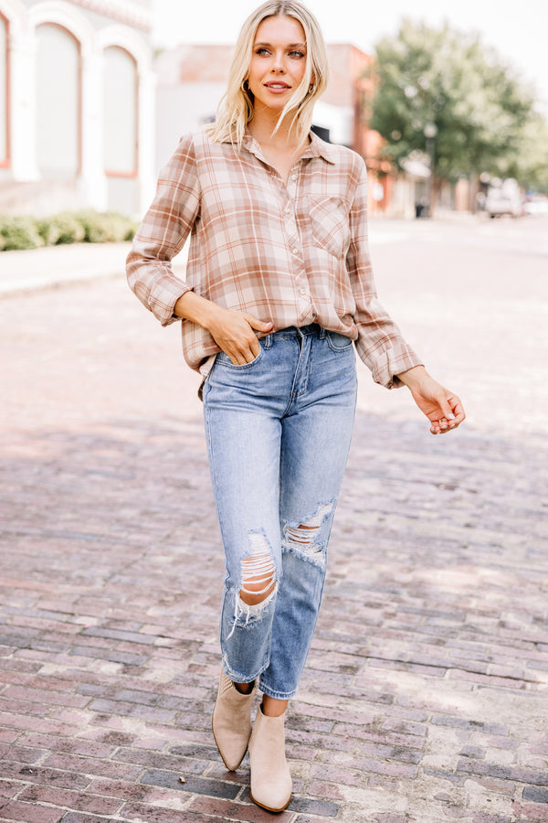 Get Moving Oatmeal Brown Plaid Button Down Top