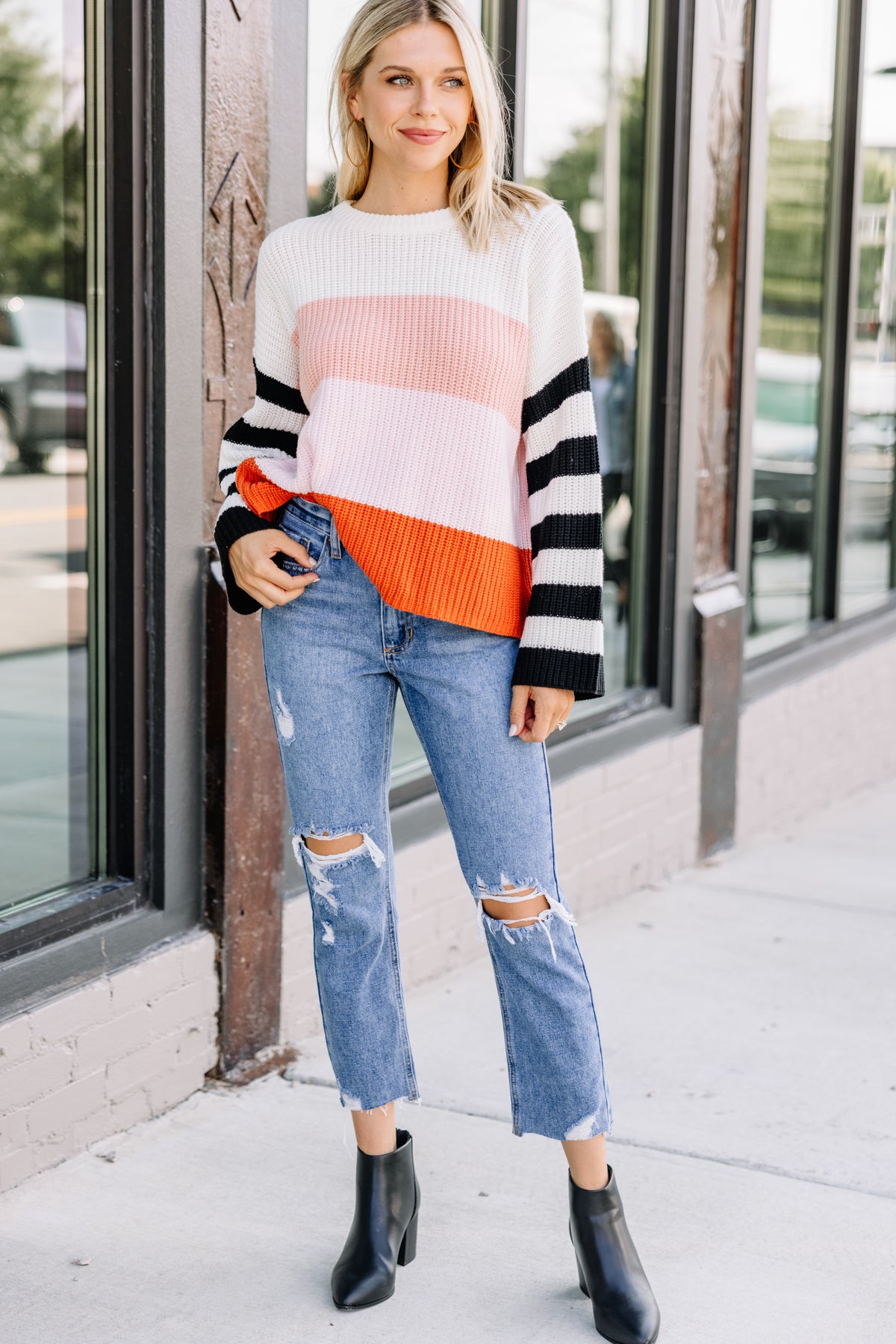 Cozy Cute Peach Pink Multi Striped Sweater - Trendy Sweaters – Shop the ...
