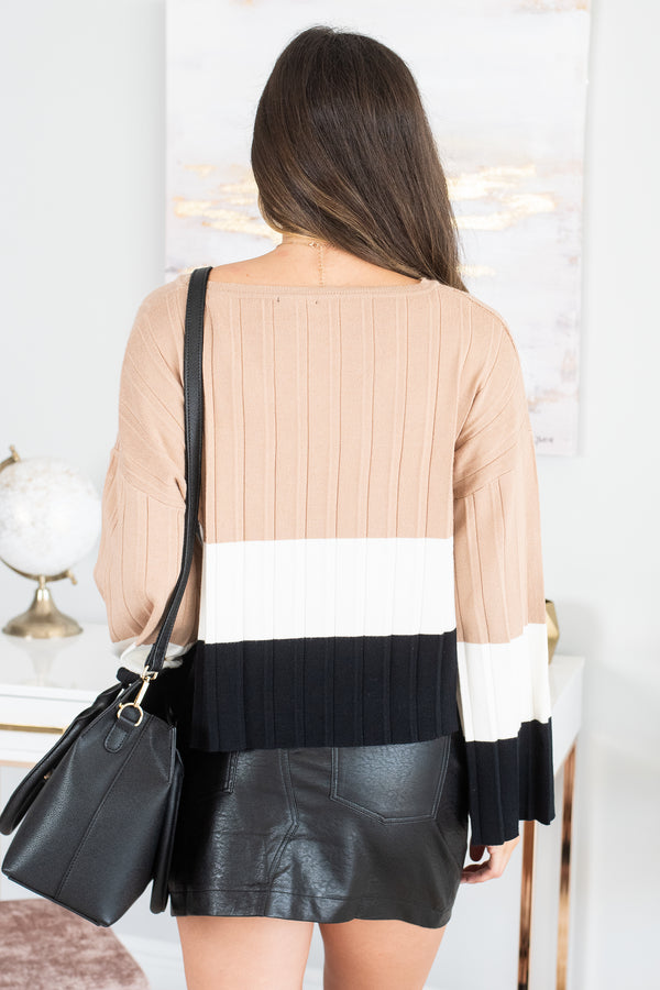 sweater, top, long sleeve sweater, colorblock sweater, brown sweater, long sleeve top, fall sweater, fall top, brown, white, black