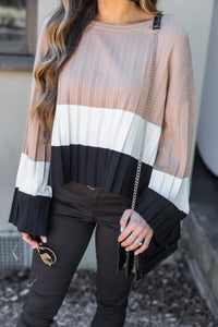 sweater, top, long sleeve sweater, colorblock sweater, brown sweater, long sleeve top, fall sweater, fall top, brown, white, black