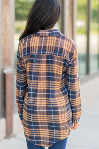 mustard yellow plaid button down top
