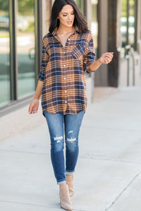 mustard yellow plaid button down top