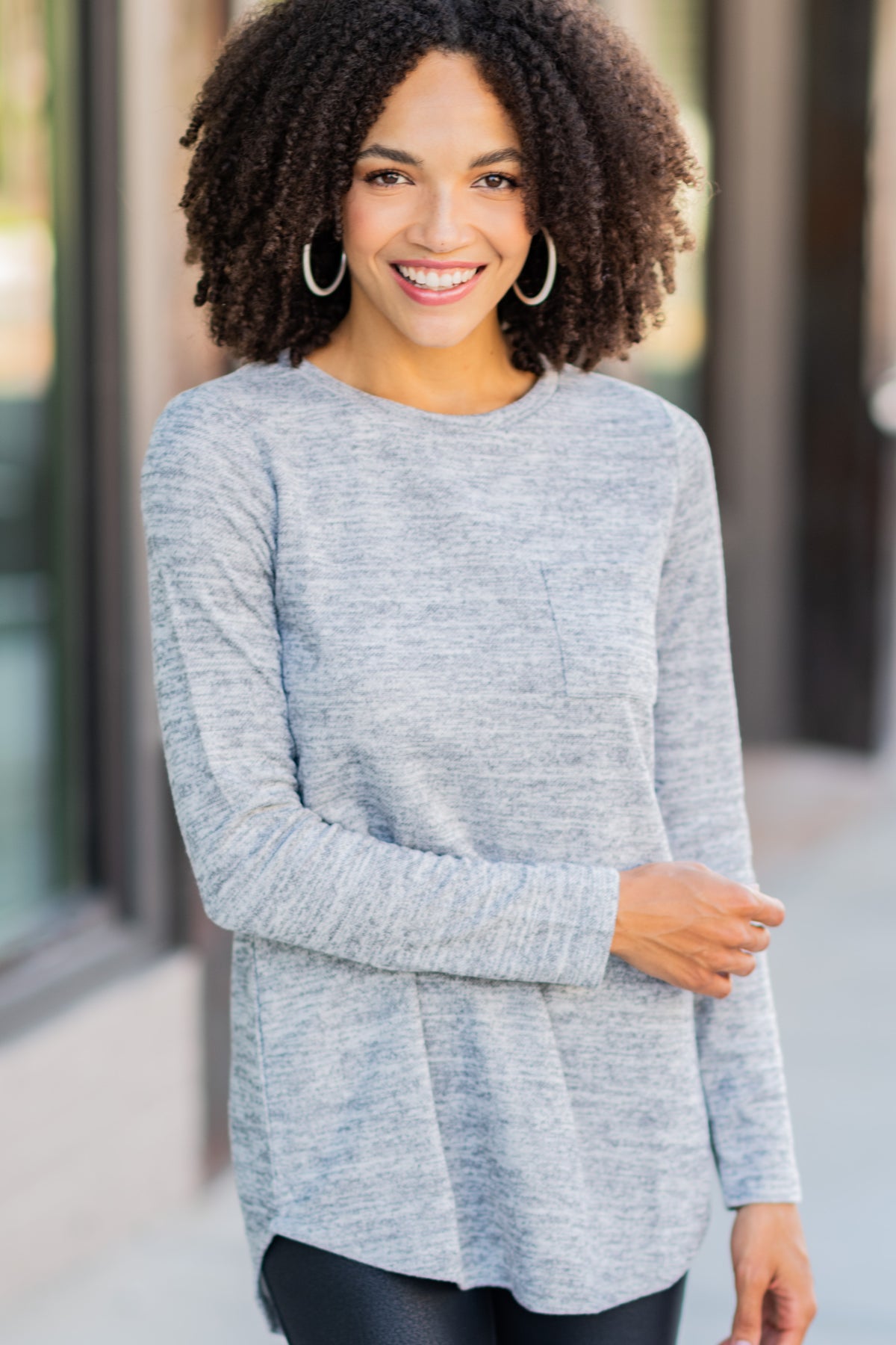 Casual Gray Pocket Top - Long Sleeve Boutique Top – Shop the Mint