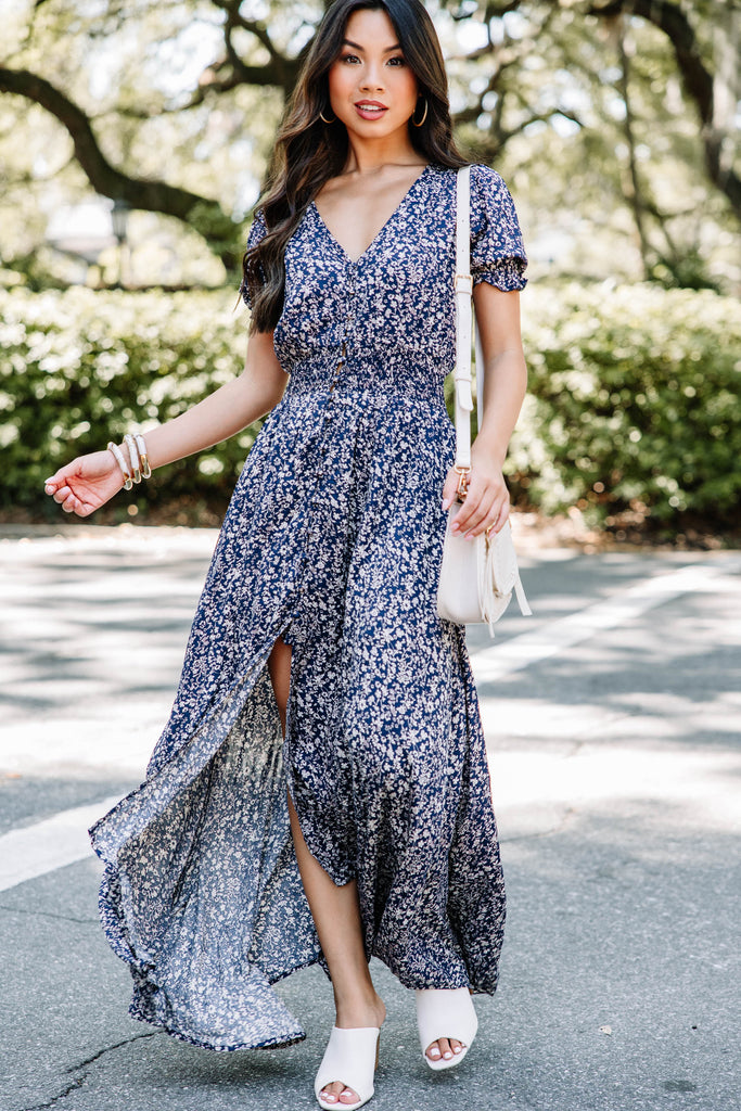 Classic Sweet Navy Blue Floral Maxi Dress - Smocked – Shop the Mint