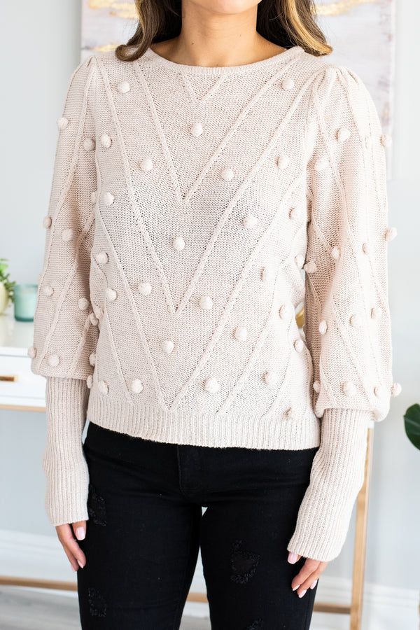 sweater, fall sweater, chic sweater, pompom sweater, chevron knit sweater, short hem sweater, round neck sweater, round neck fall sweater, long sleeve sweater, long sleeve fall sweater, generous stretch sweater, white sweater, white fall sweater, white long sleeve sweater