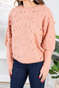 sweater, long bubble sleeves, round neckline, knit fabric, pompom detailing, pink, casual, cozy