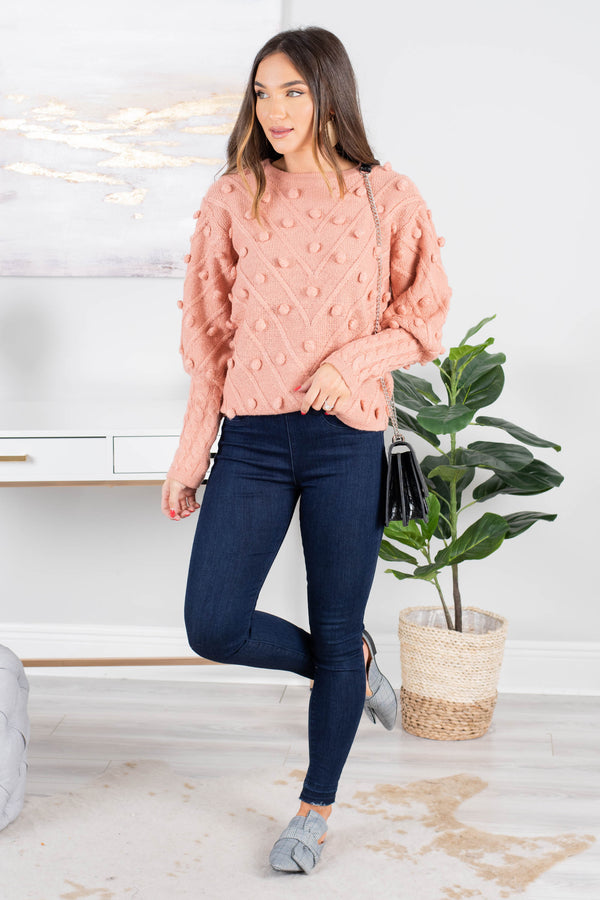 sweater, long bubble sleeves, round neckline, knit fabric, pompom detailing, pink, casual, cozy