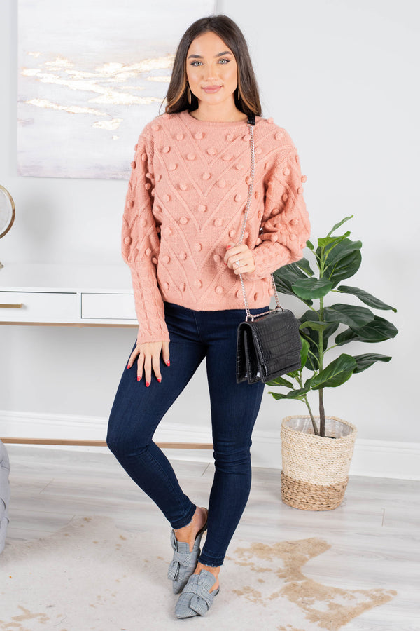 sweater, long bubble sleeves, round neckline, knit fabric, pompom detailing, pink, casual, cozy