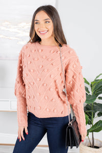 sweater, long bubble sleeves, round neckline, knit fabric, pompom detailing, pink, casual, cozy