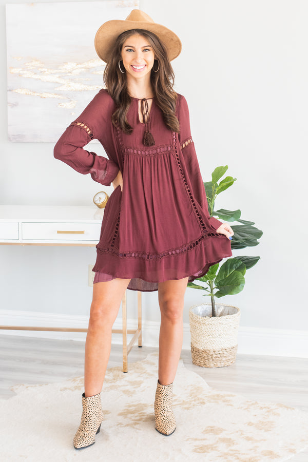 fall, dress, boho, boho dress, cute, full lining, long sleeves, crochet detailing, tassel tied neckline, v neck, flowy fit, no stretch, purple, purple dress