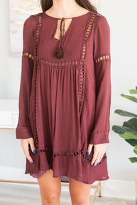 fall, dress, boho, boho dress, cute, full lining, long sleeves, crochet detailing, tassel tied neckline, v neck, flowy fit, no stretch, purple, purple dress