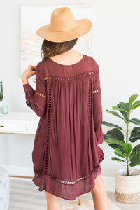 fall, dress, boho, boho dress, cute, full lining, long sleeves, crochet detailing, tassel tied neckline, v neck, flowy fit, no stretch, purple, purple dress