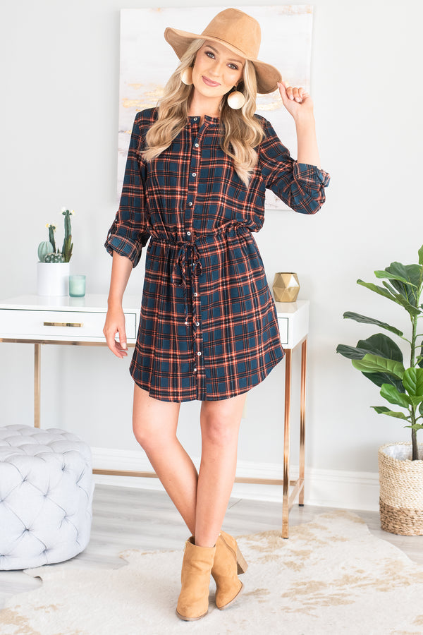 fall, dress, button down, trendy, cute, plaid print, plaid dress, tabbed long sleeves, round neckline, tied waist, button down front, blue plaid, blue plaid dress