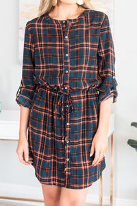 fall, dress, button down, trendy, cute, plaid print, plaid dress, tabbed long sleeves, round neckline, tied waist, button down front, blue plaid, blue plaid dress