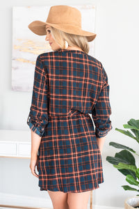 fall, dress, button down, trendy, cute, plaid print, plaid dress, tabbed long sleeves, round neckline, tied waist, button down front, blue plaid, blue plaid dress