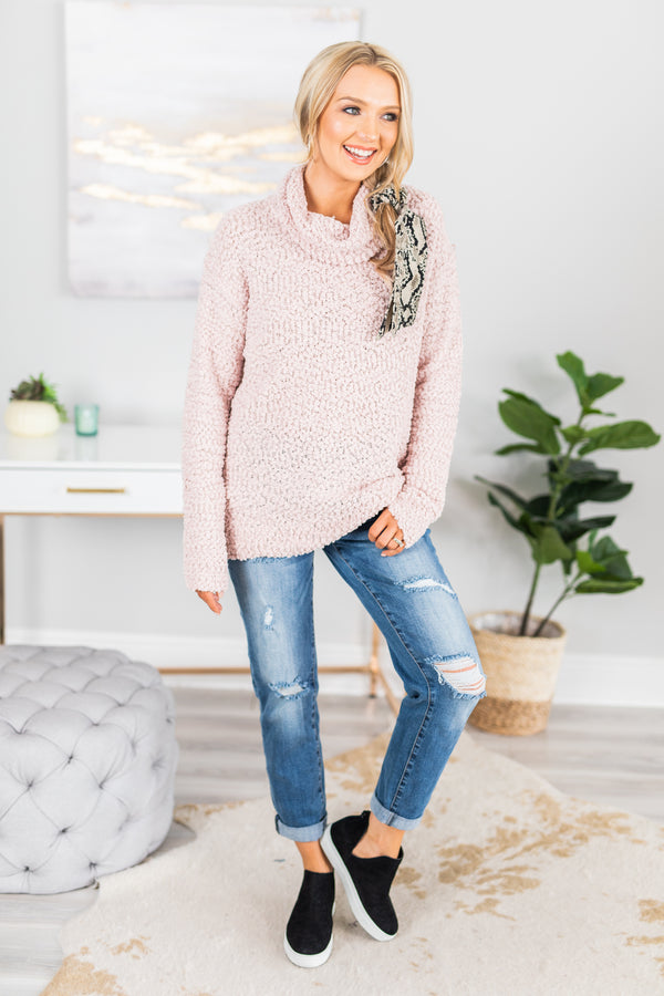 fall, sweater, fall sweater, popcorn sweater, popcorn fabric, trendy, cozy, mock neckline, winter, long sleeves, winter sweater, generous stretch, pink, pink sweater