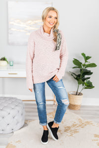 fall, sweater, fall sweater, popcorn sweater, popcorn fabric, trendy, cozy, mock neckline, winter, long sleeves, winter sweater, generous stretch, pink, pink sweater