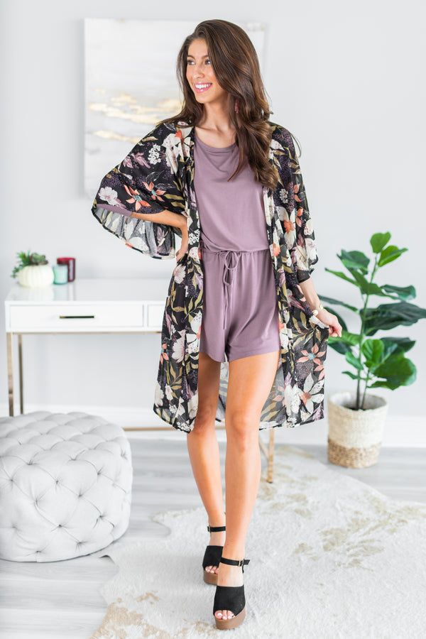 fall, kimono, floral, floral kimono, short sleeves, ruffled sleeves, sheer fabric, floral print, long length, no stretch