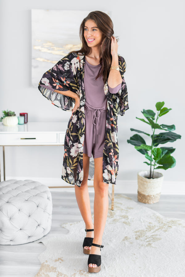 fall, kimono, floral, floral kimono, short sleeves, ruffled sleeves, sheer fabric, floral print, long length, no stretch