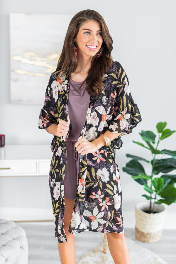 fall, kimono, floral, floral kimono, short sleeves, ruffled sleeves, sheer fabric, floral print, long length, no stretch