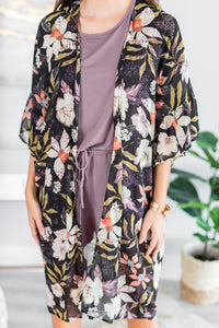 fall, kimono, floral, floral kimono, short sleeves, ruffled sleeves, sheer fabric, floral print, long length, no stretch