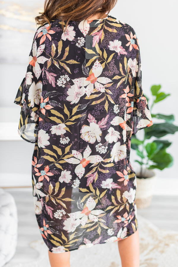 fall, kimono, floral, floral kimono, short sleeves, ruffled sleeves, sheer fabric, floral print, long length, no stretch