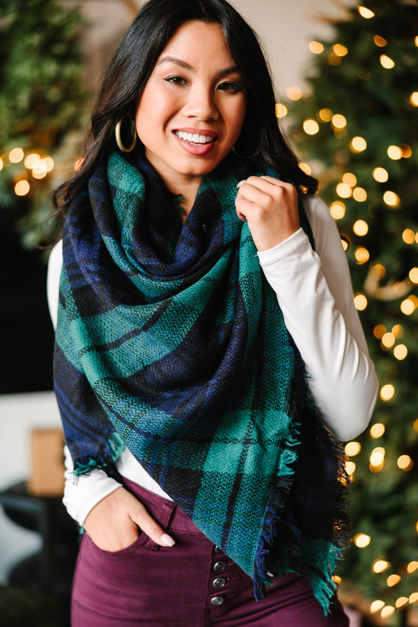 Autumn Air Green And Navy Plaid Blanket Scarf