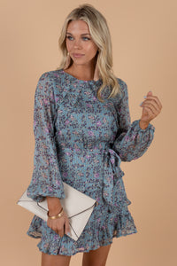 dress, blue dress, tied waist, ruffled detailing, feminine, sweet, floral dress, round neckline, long sleeves, bubble sleeves, floral print, tiered detailing, fall, spring