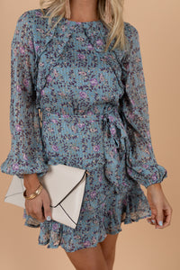 dress, blue dress, tied waist, ruffled detailing, feminine, sweet, floral dress, round neckline, long sleeves, bubble sleeves, floral print, tiered detailing, fall, spring