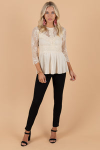 romantic top, delicate lace, peplum hem, feminine, sweet, top, lace detailing, 3/4 sleeve, pleated back, round neckline, zip up back