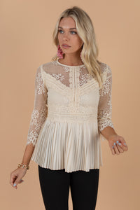 romantic top, delicate lace, peplum hem, feminine, sweet, top, lace detailing, 3/4 sleeve, pleated back, round neckline, zip up back