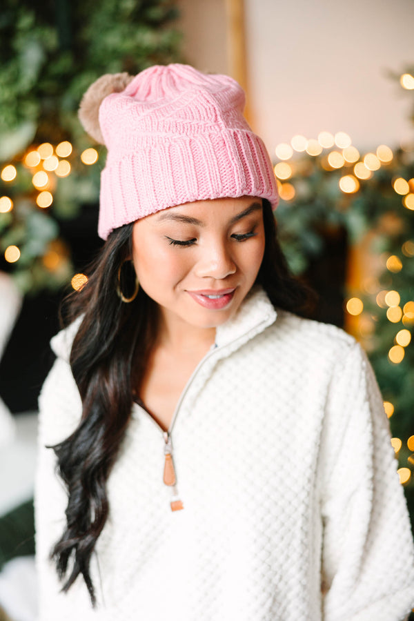 All About It Blush Pink Pompom Beanie