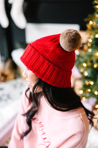 All About It Red Pompom Beanie