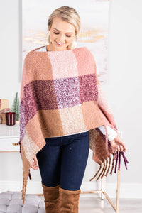 poncho, plaid print, fringe, wide neckline, feminine, pink, dusty pink plaid print