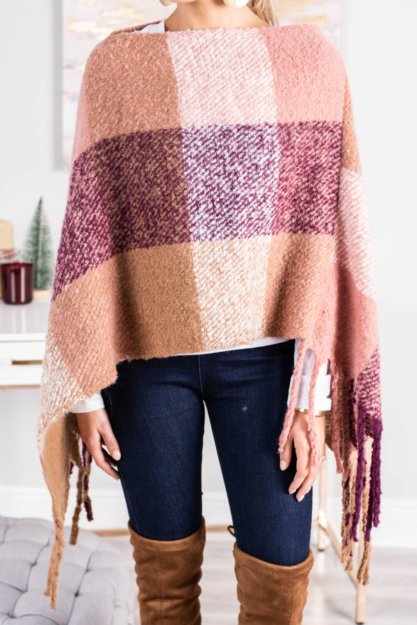 poncho, plaid print, fringe, wide neckline, feminine, pink, dusty pink plaid print