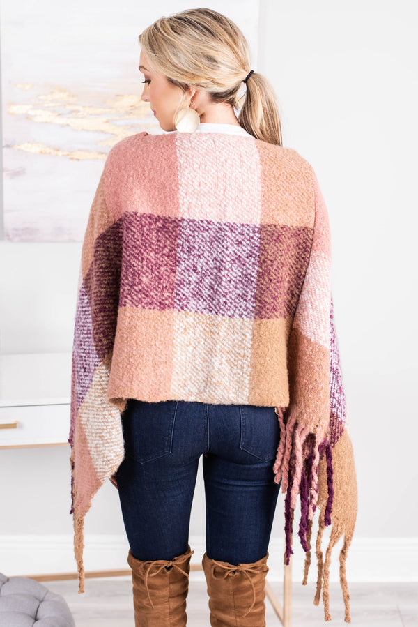 poncho, plaid print, fringe, wide neckline, feminine, pink, dusty pink plaid print